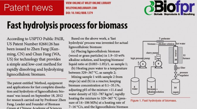 U.S. patent #: 8268126, Fast hydrolysis process for biomass